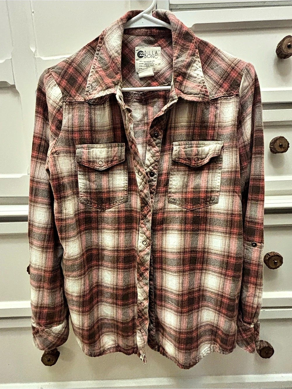 Billabong Aloha Coast LS Plaid Button Down in Red & Gray Size Small